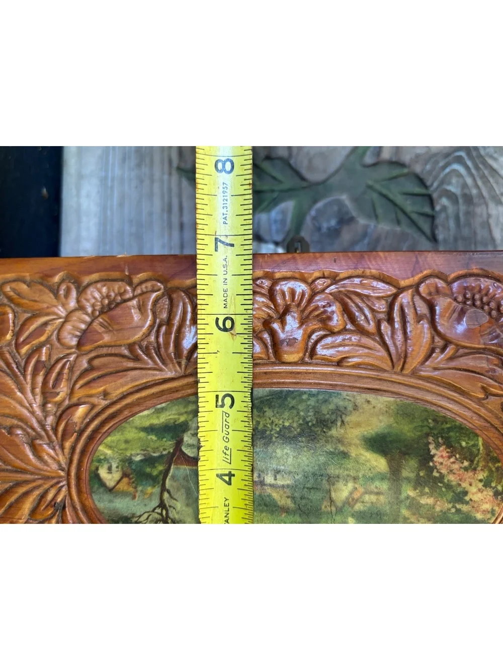 Vintage Carved Wood Jewelry Box, Cottage Scene Print, Footed with Brass Clasp